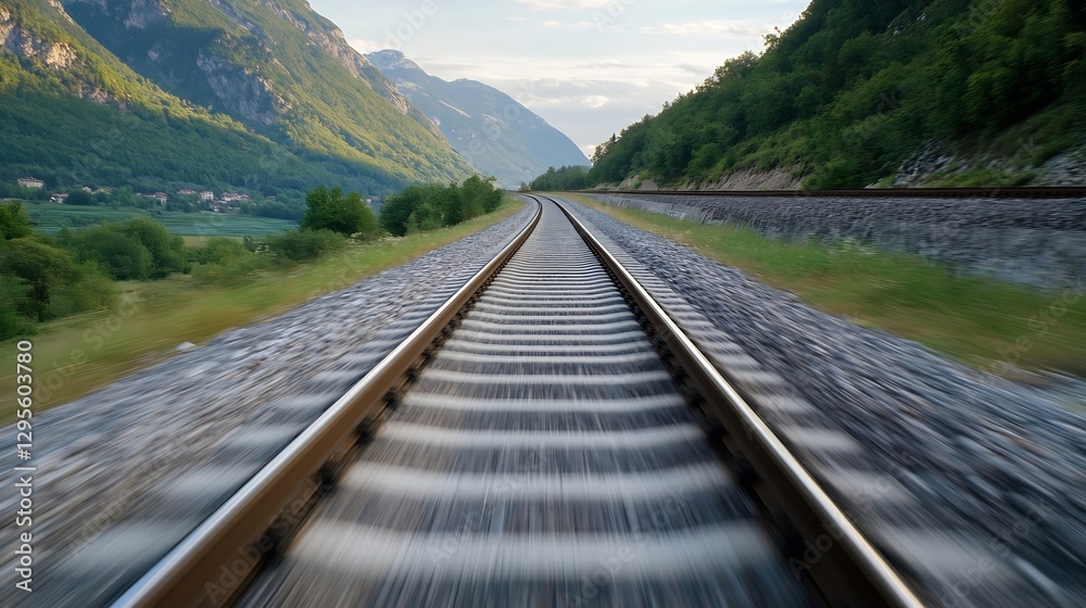 Poster dynamic view of train tracks stretching through stunning mountainous landscape on a sunny day : gene