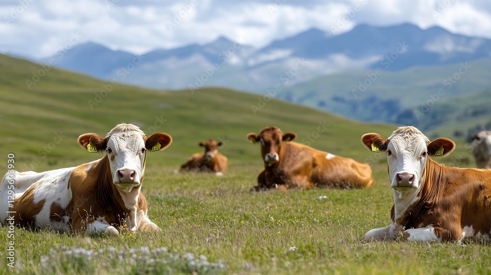 Poster serene view of lying cows on a pastoral landscape with mountain backdrop creating a peaceful rural s