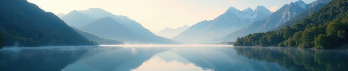 Fototapeta premium Misty morning, lake reflecting mountain peaks, mist, still, lake