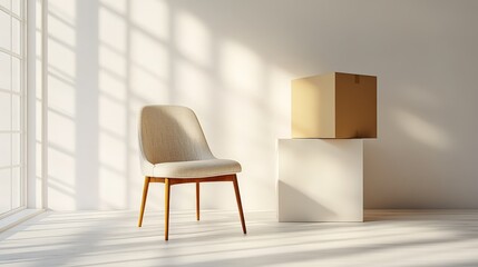 Minimalistic interior with a single chair and moving box in an empty room