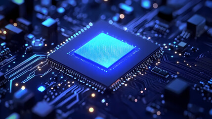 Close-Up of Glowing Blue Chip on Circuit Board