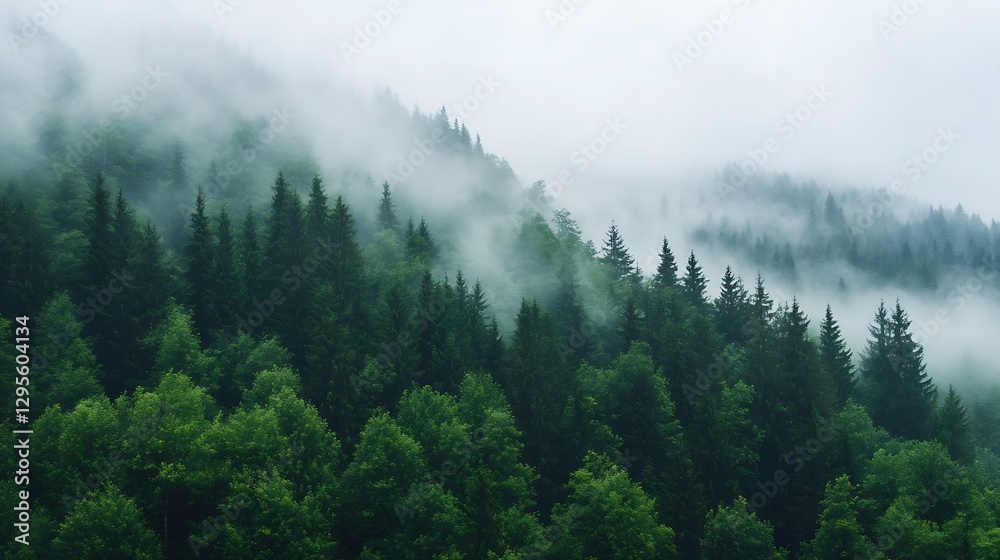Poster Misty mountain landscape showcasing dense green forests shrouded in fog creating a mysterious atmosphere : Generative AI