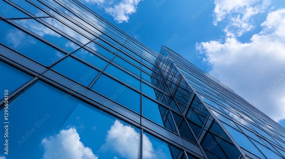 Poster modern glass skyscraper reaching towards the blue sky showcasing reflections of clouds and urban arc