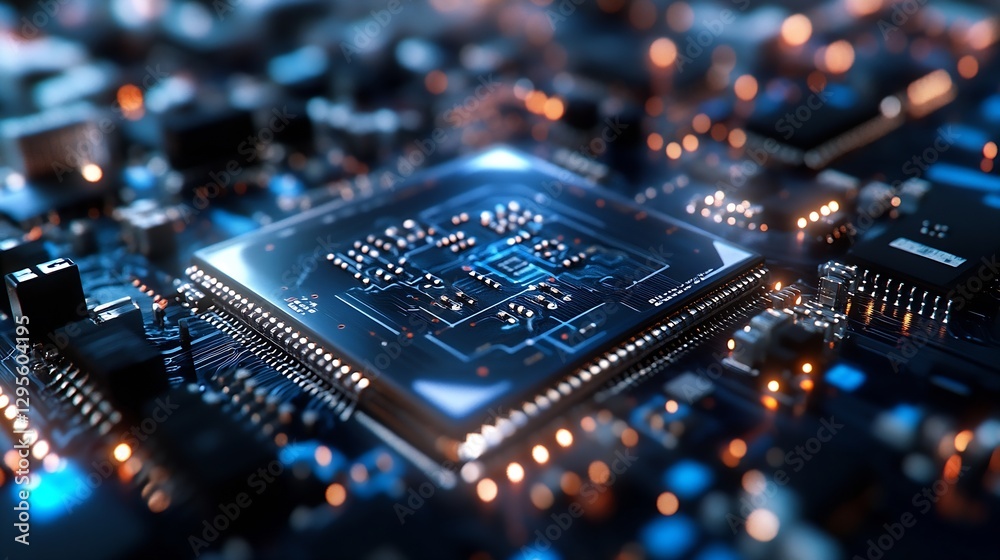 Poster Close up of a modern computer chip on a futuristic circuit board with bright LED lights : Generative AI