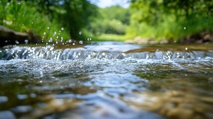 Fototapeta premium Crystal clear stream with water splashes illuminated by warm sunlight in lush green forest : Generative AI