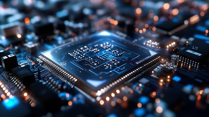 Close up of a modern computer chip on a futuristic circuit board with bright LED lights : Generative AI