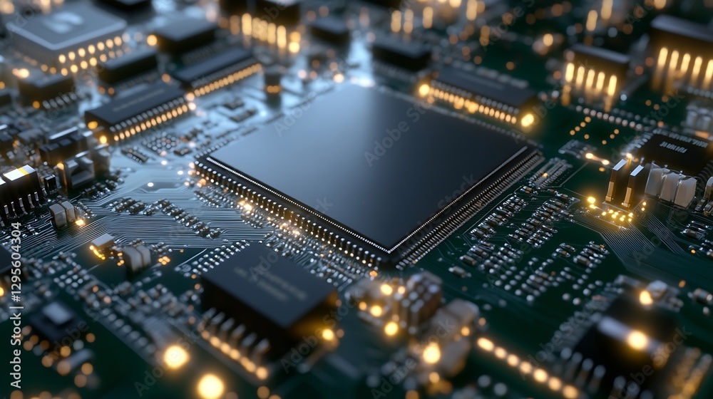 Poster Close-up of a High-Tech Microchip with Complex Circuitry and Glowing Lights : Generative AI