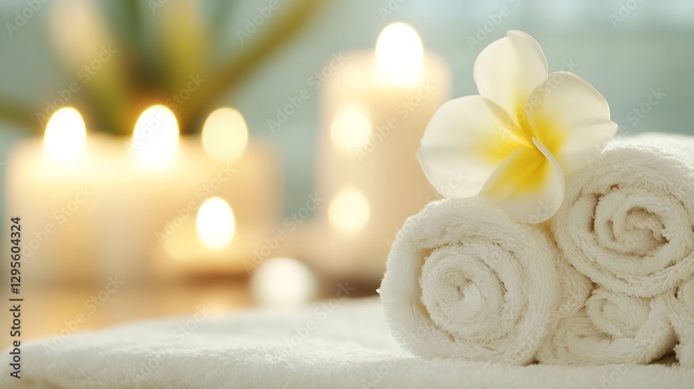 Poster relaxing spa setting with soft towels candles and a beautiful flower for wellness and peaceful retre