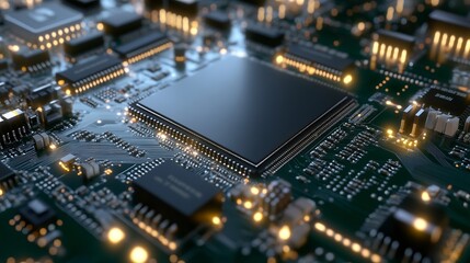 Obraz premium Close-up of a High-Tech Microchip with Complex Circuitry and Glowing Lights : Generative AI