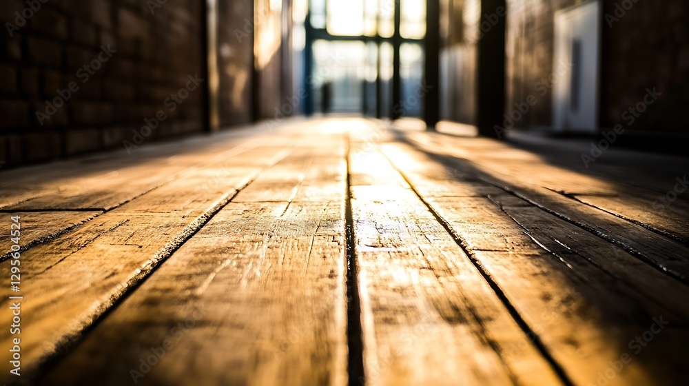 Poster sunlight streaming through wooden hallway with reflections on floor : generative ai