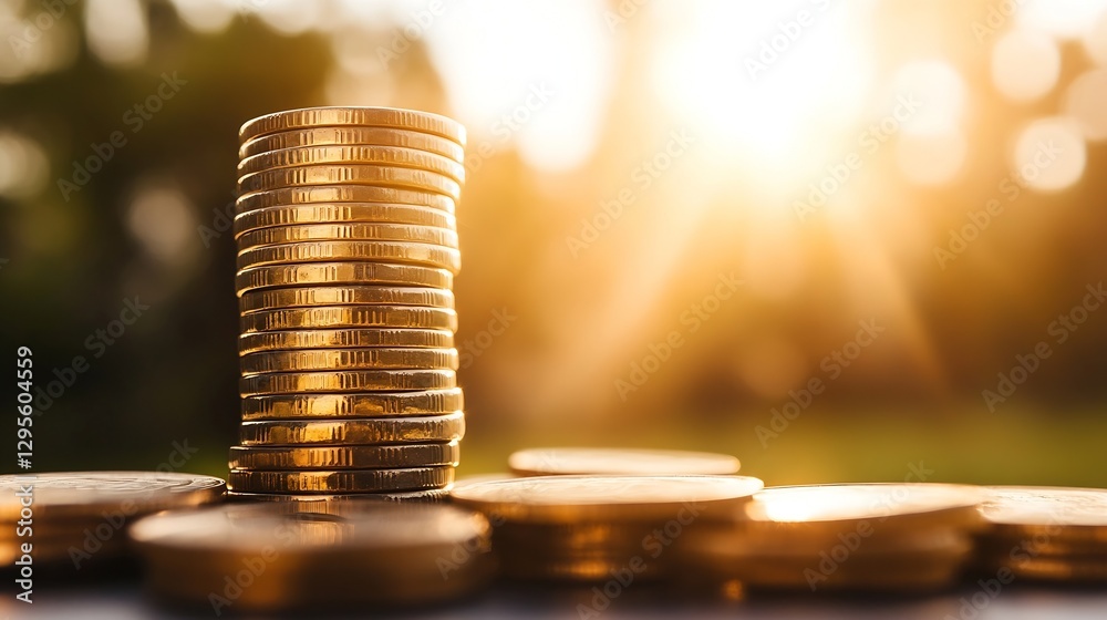 Poster Stack of gold coins illuminated by a warm sunlight creating a symbolic representation of wealth and prosperity : Generative AI