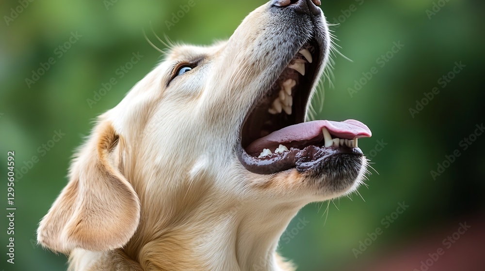Poster Golden retriever with mouth open showcasing a joyful expression in natural outdoor setting : Generative AI
