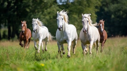 Fototapeta premium Group of Majestic Horses Running Freely in Green Meadow : Generative AI
