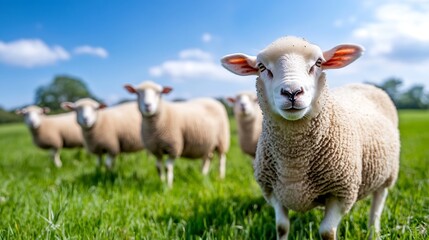 Obraz premium Close up of a curious sheep standing in a vibrant green field under a bright blue sky : Generative AI