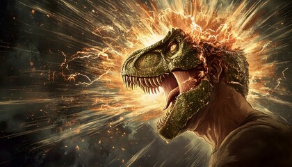 Tyrannosaurus rex head attached to a human body roars loudly