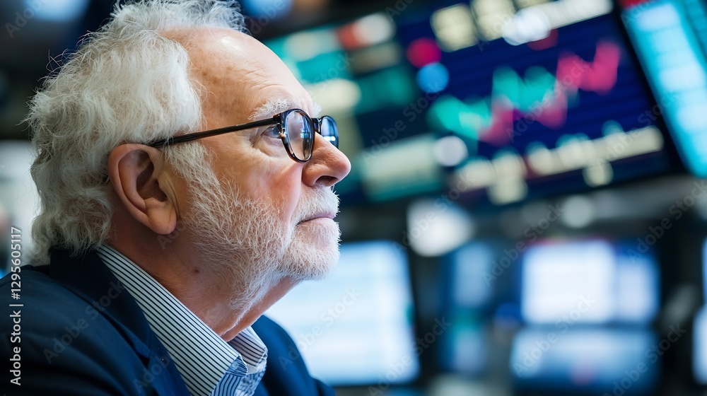 Poster wisdom and reflective thinking of an older man in financial trading environment : generative ai