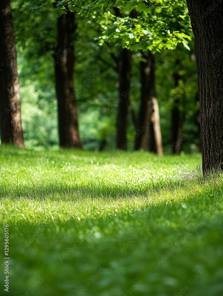 Poster serene forest scene with lush green grass and towering trees for nature lovers : generative ai