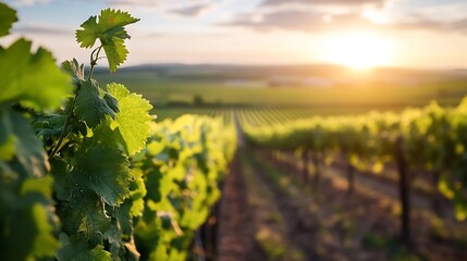 Fototapeta premium Sunset illuminating a vineyard with lush green grapevines under a dramatic sky and golden light : Generative AI