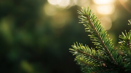 Close up view of a lush green pine branch bathed in soft sunlight creating a serene natural atmosphere : Generative AI