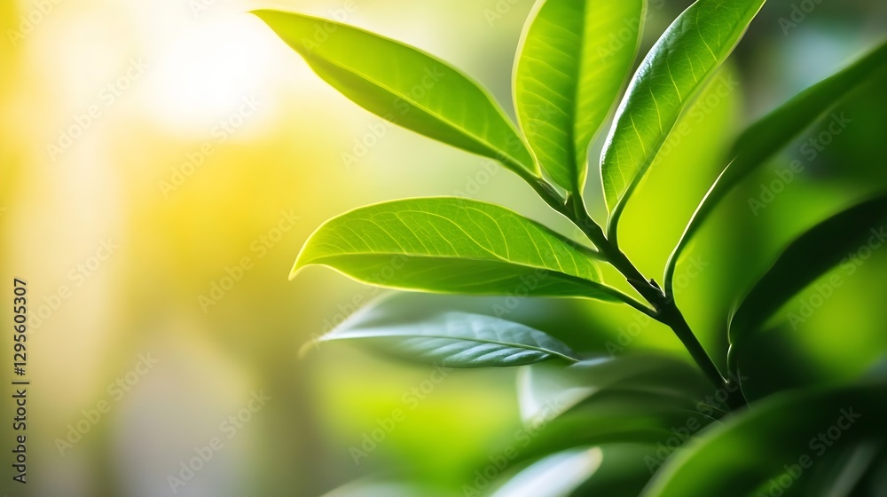 Poster close up of fresh green leaves illuminated by soft sunlight in a vibrant natural setting : generativ