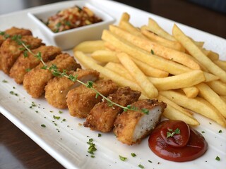 chicken nuggets with French fries and ketchup , Fried chicken nuggets with french fries and sauce isolated, fried chicken with french fries and nuggets meal