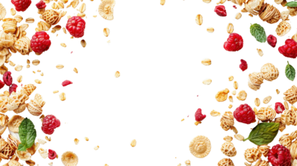 Cereal, raspberries and mint leaves falling on transparent background