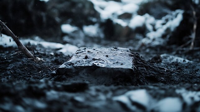 Mysterious Wet Muddy Terrain with a Stuck Block Amidst Snowy Surroundings : Generative AI