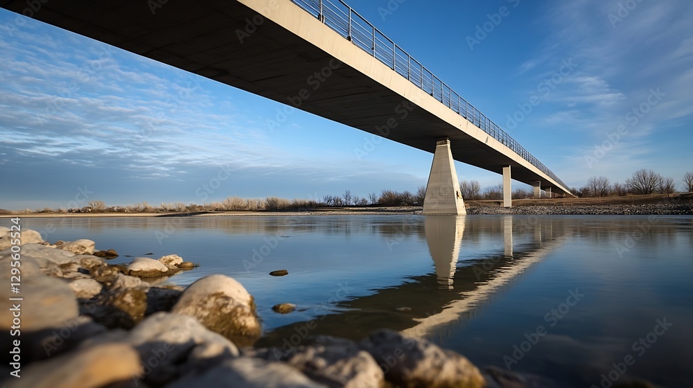 Poster modern concrete bridge reflection on calm river under a bright blue sky : generative ai