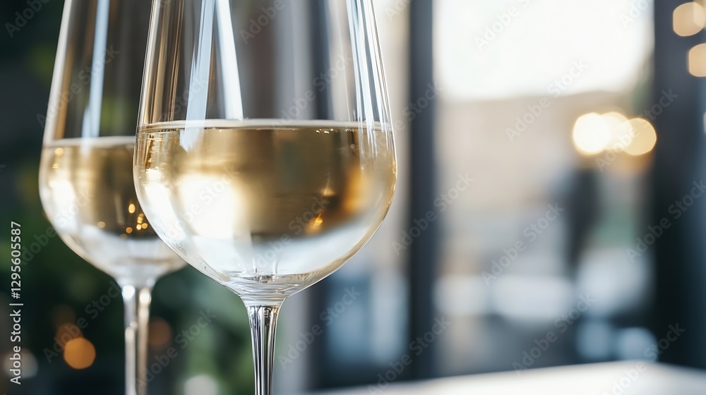 Poster elegant close up of two pristine wine glasses filled with white wine against a soft blurred backgrou
