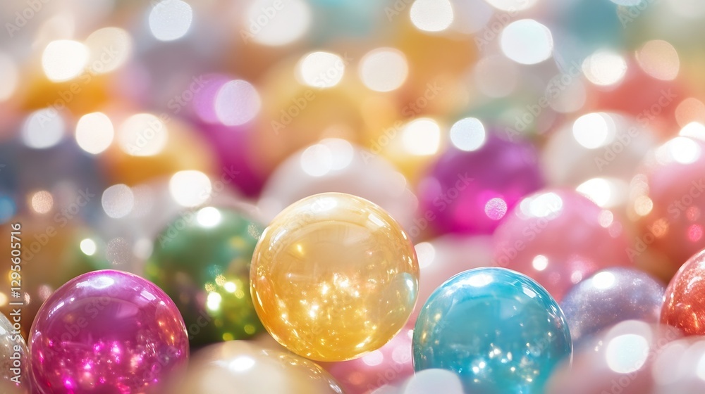 Poster closeup of colorful glass marbles scattered on a surface creating a beautiful shimmering effect : ge