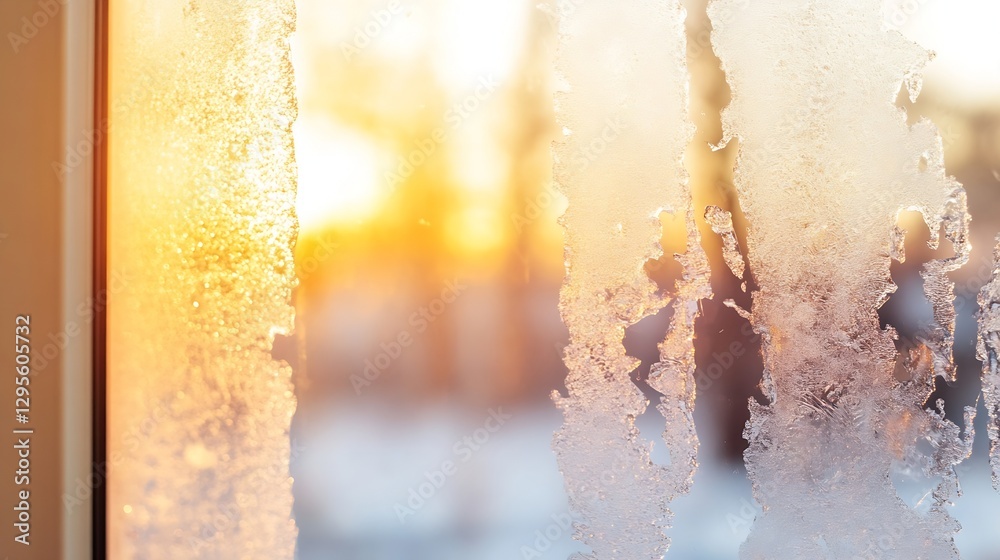 Aufkleber Window condensation with frost patterns and warm sunset reflection creating a serene winter mood : Generative AI