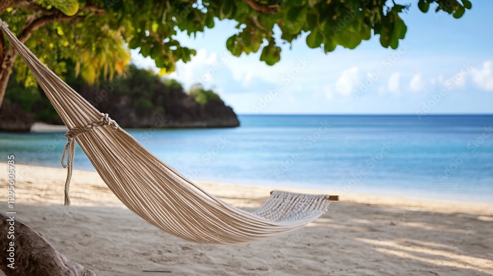 Poster tranquil beach scene with hammock under lush green trees by the serene ocean : generative ai