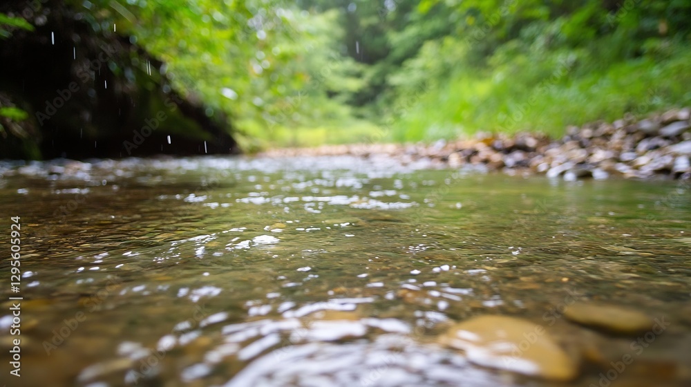 Aufkleber Scenic Close-Up of a Gentle Stream Flowing Through Lush Green Forest with Soft Rain : Generative AI