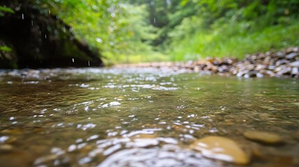 Fototapeta premium Scenic Close-Up of a Gentle Stream Flowing Through Lush Green Forest with Soft Rain : Generative AI