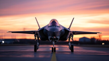 Fototapeta premium Sleek Military Aircraft on Runway with Dramatic Sunset in Background : Generative AI