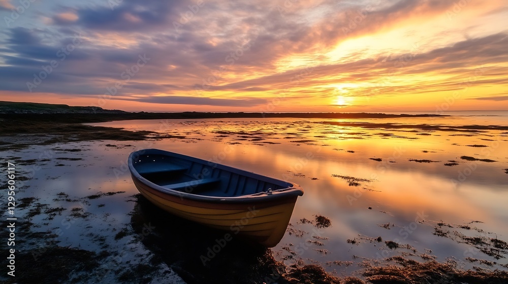Poster colorful sunset reflected in calm water with a lone boat resting on the shore creating a peaceful at