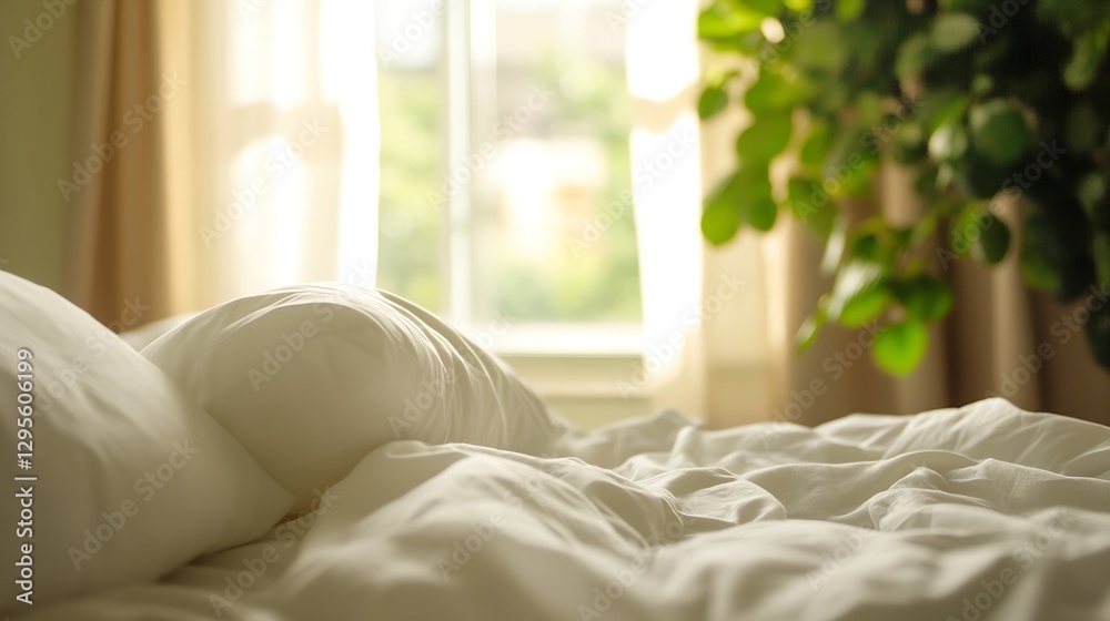 Aufkleber Cozy Bedroom Scene with Soft Pillows and Natural Light Streaming Through a Window Creating a Tranquil Atmosphere : Generative AI