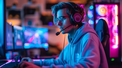 Fototapeta premium A young Gen Z content creator live-streaming in a high-tech gaming setup, surrounded by RGB lighting, multiple screens, and a professional microphone. Wearing a stylish hoodie and gaming headset, 