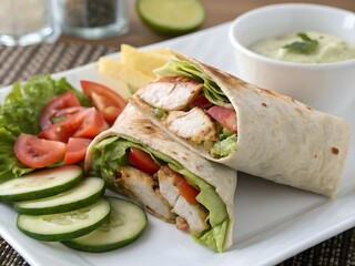 Tortilla wrap with fried chicken meat and vegetables, Vegan vegetable wrap, Close up of kebab sandwich