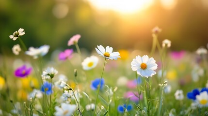 Beautiful field of colorful flowers in sunlight showcasing nature's vibrant beauty and peaceful atmosphere : Generative AI