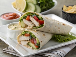Tortilla wrap with fried chicken meat and vegetables, Vegan vegetable wrap, Close up of kebab sandwich