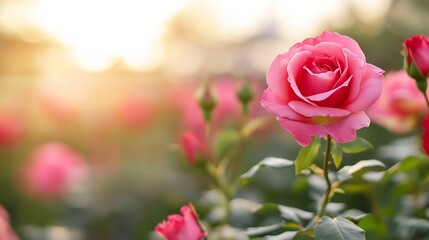 Obraz premium Stunning blooming pink rose flower captured in garden during sunset with rays of light shining through : Generative AI