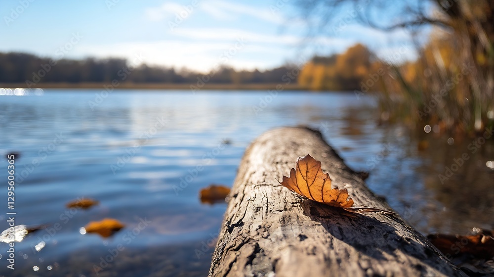 Poster Vibrant autumn leaf resting on a log with reflections in a tranquil lake under sunny skies : Generative AI