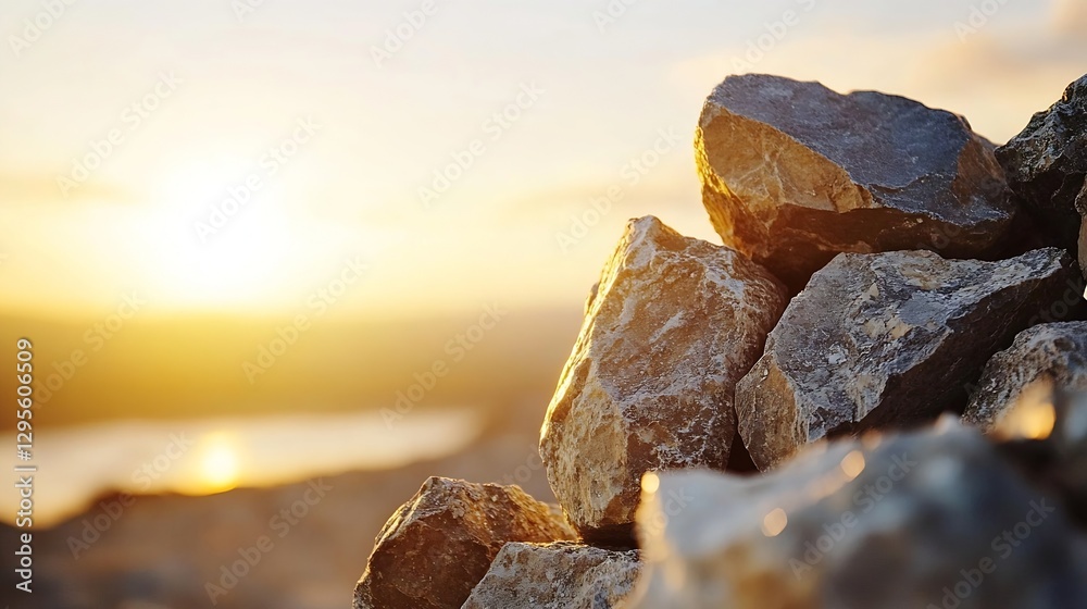 Poster Beautifully arranged rocks with sun setting in background creating warm and textured landscape : Generative AI