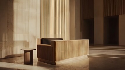 Contemporary Wooden Reception Area with Minimalist Design and Natural Light Effects