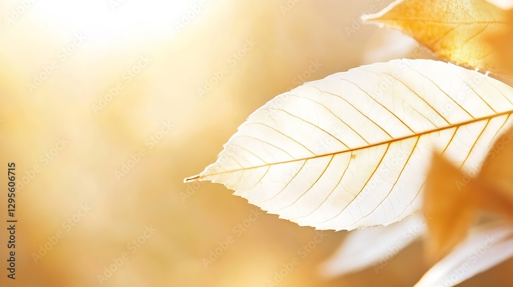 Poster closeup view of a delicate leaf capturing golden sunlight in a dreamy autumn atmosphere : generative