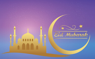 eid mubarak celebration card with mosque silhouette, crescent moon and stars,vector design
