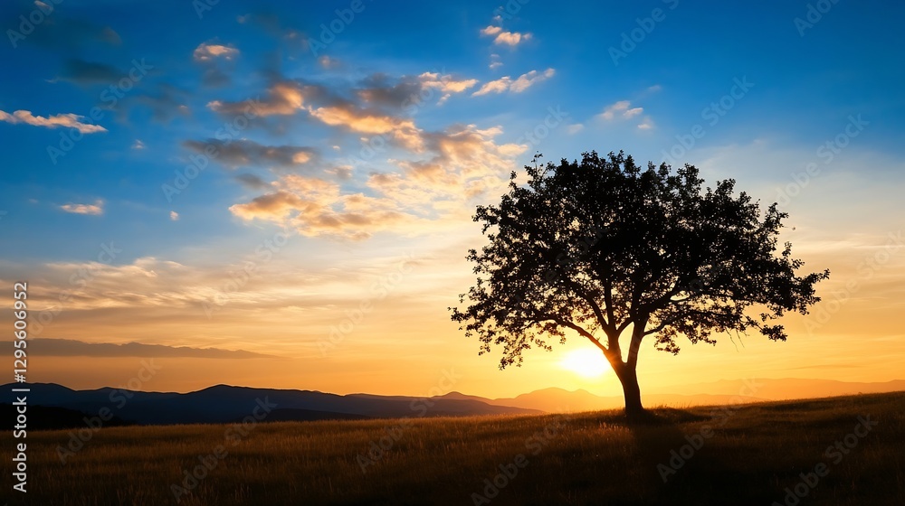 Poster lonely tree standing in a field at sunset with colorful sky and landscape : generative ai