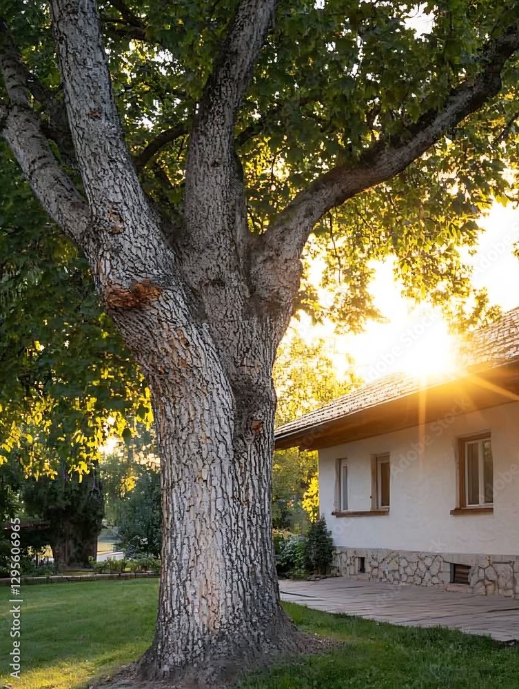 Aufkleber beautiful view of a sunlit home surrounded by a large tree in a peaceful outdoor setting : generativ