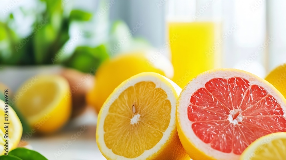 Poster fresh sliced fruits including lemon and grapefruit on a bright kitchen table : generative ai